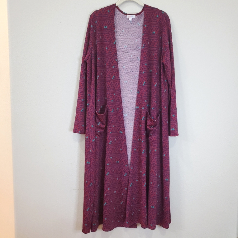 LulaRoe Sarah, Long Line Duster Open Cardigan in Pink Geometric Print w…